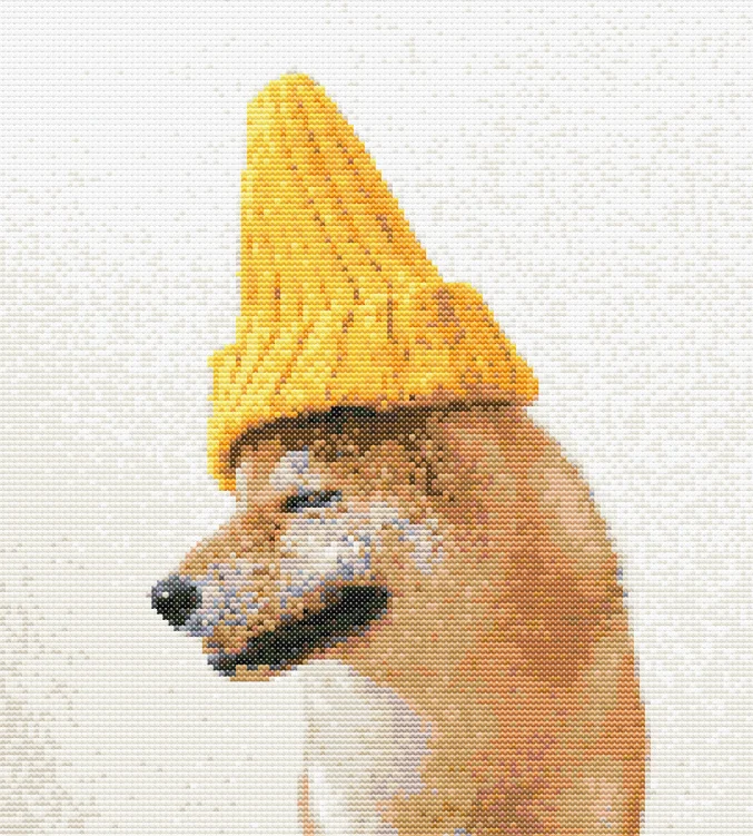 Dog in a yellow hat cross stitch pattern