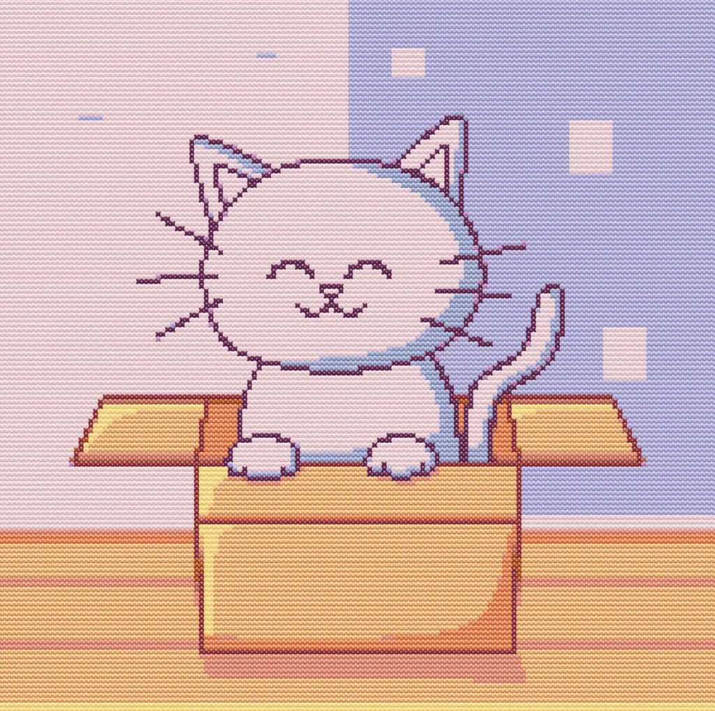 Cross-stitch pattern of a cat in a box