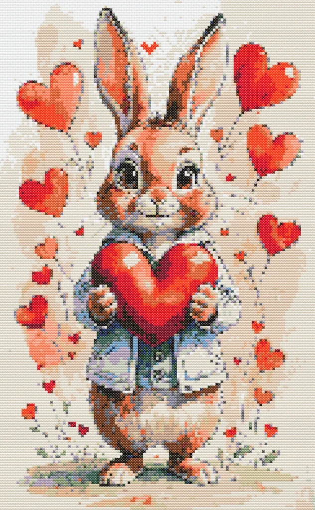 Cross stitch pattern of a bunny with hearts