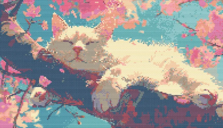 Cross-stitch pattern: "Cat in sakura"