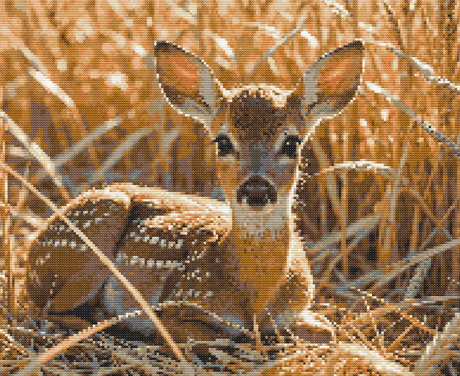 A cross-stitch pattern of a fawn among wheat ears